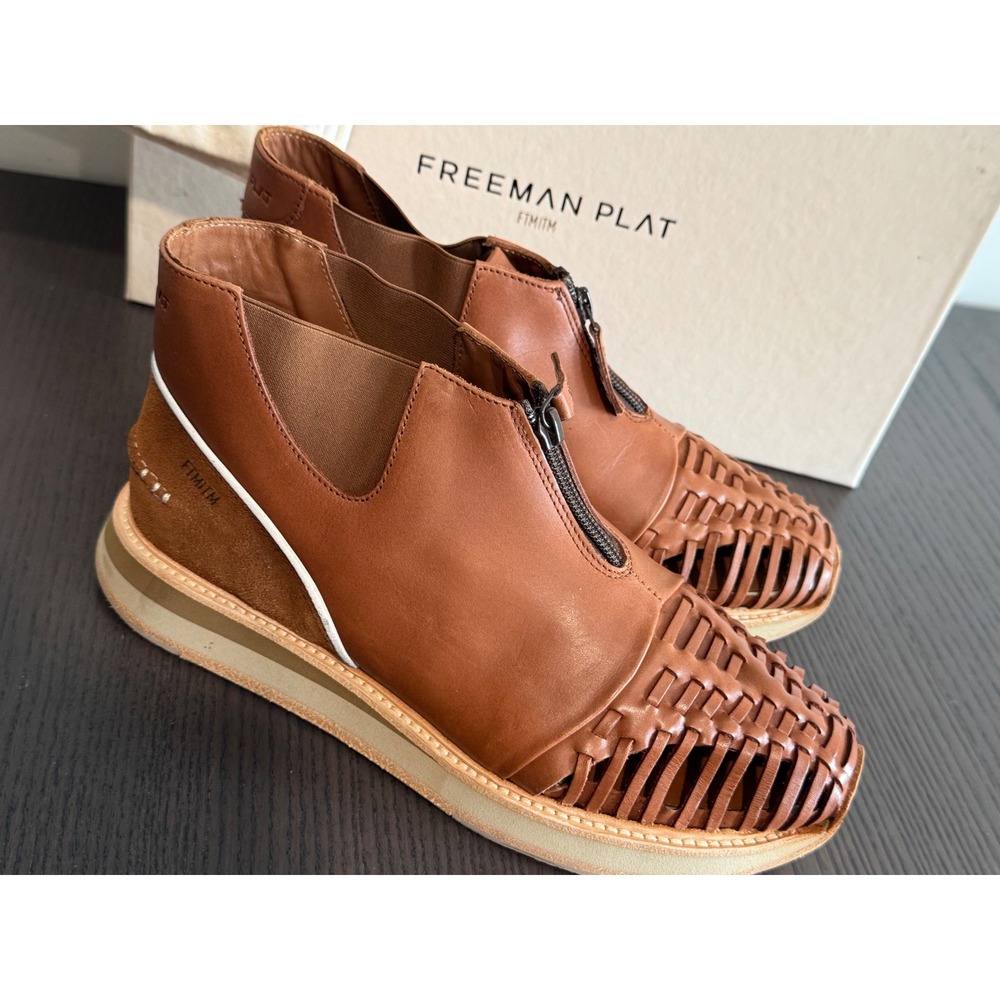 Freeman Plat Zip Jogger Huarache Mens 7 Cognac Leather Woven Sneaker Shoes